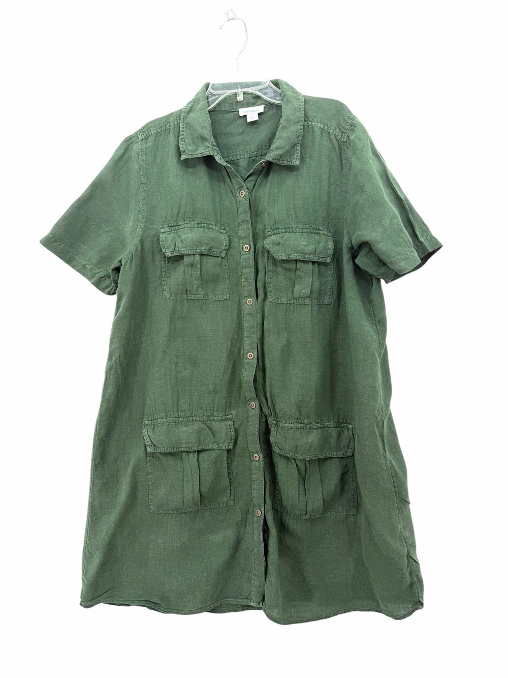 Sundance Military Green Button-Front Midi Shirt Dress 100% Linen